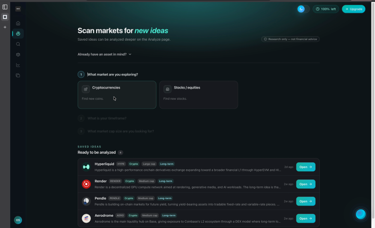 BlockMind Explore screen — screening web3 projects and stocks