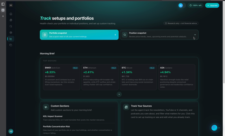 BlockMind Track screen — portfolio and source tracking