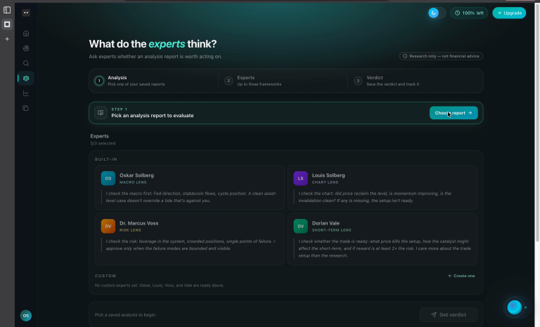 BlockMind Verdicts screen — analyst frameworks evaluating a report