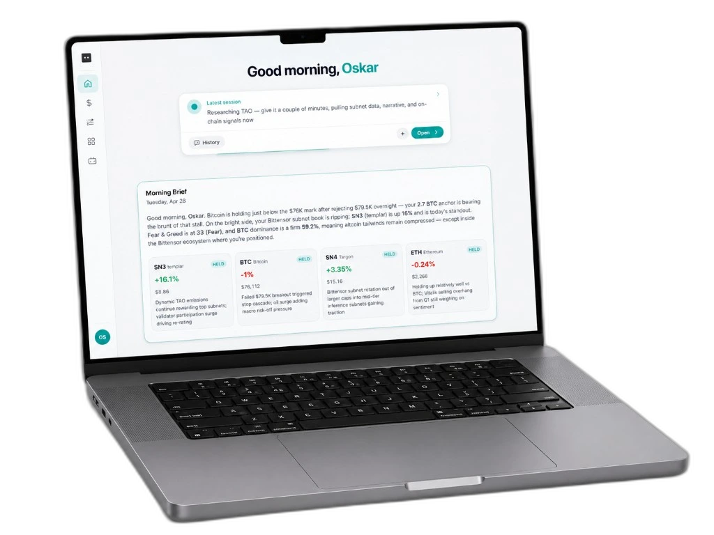 BlockMind morning brief shown on a MacBook: greeting, latest agent session, and a morning brief panel with market context and held assets including SN3 templar, BTC, SN4 Targon, and ETH